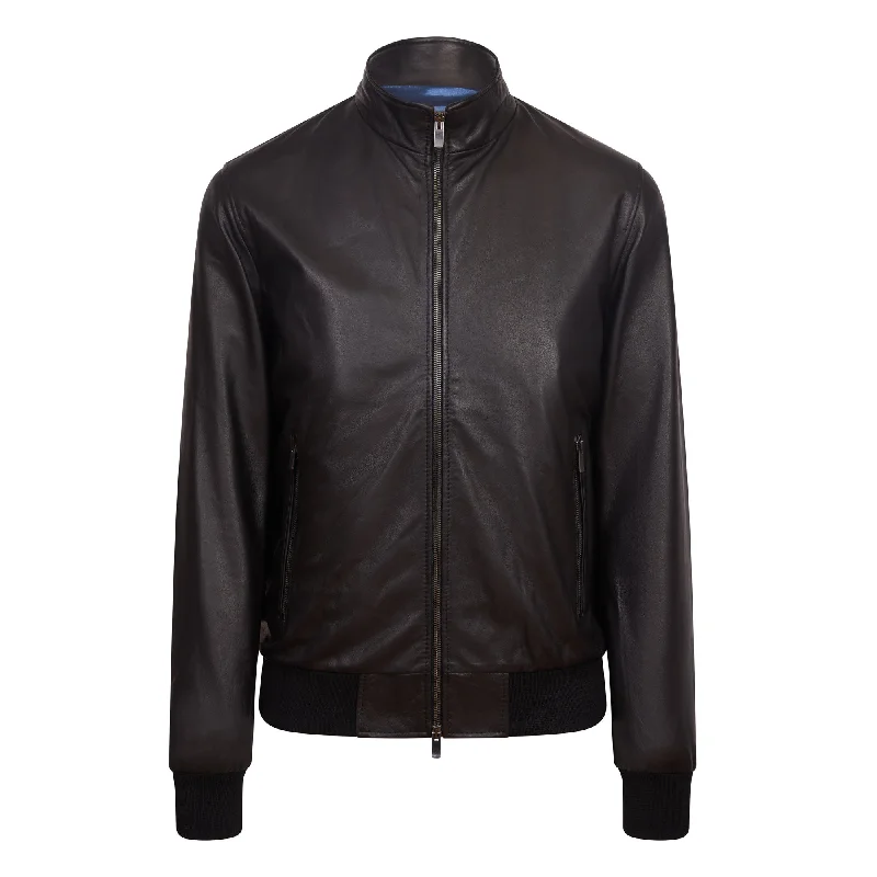 Sporty Jackets MCKINNON Nappa Lamb Leather Zip Bomber Jacket BLACK