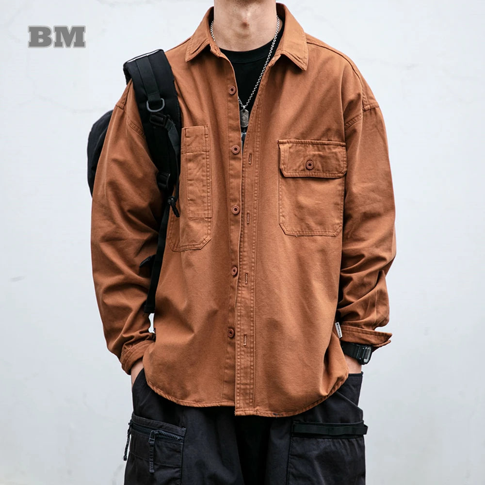 Practical Clothing Japanese Streetwear Loose Shirt Men Clothing - Vintage Casual Long Sleeve Cargo Coat