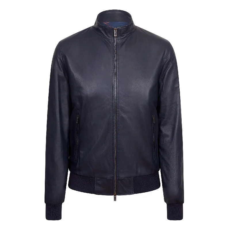 Versatile Wear MCKINNON Nappa Lamb Leather Zip Bomber Jacket NAVY