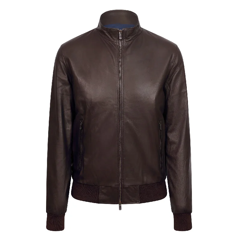 Fashionable Wear MCKINNON Nappa Lamb Leather Zip Bomber Jacket DARK BROWN