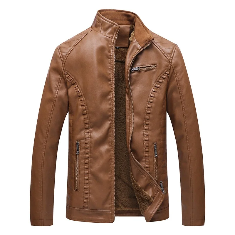 Classic Styles Men's Winter Fleece PU Leather Stand Collar Jacket