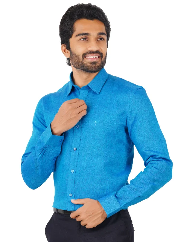 Casual Button-ups Men Pure Linen Shirt Blue - L67